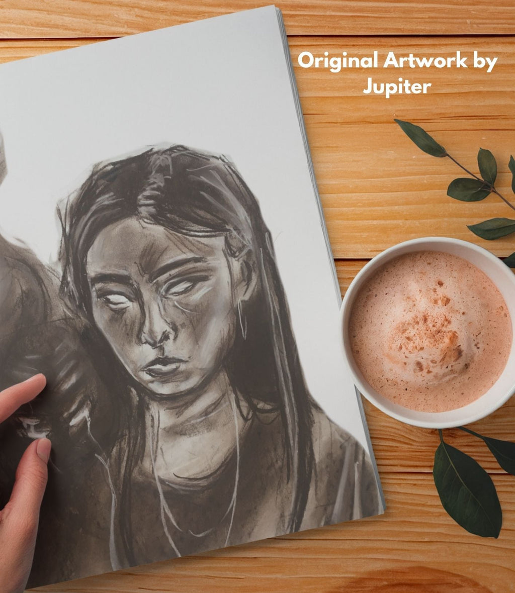 Artistic drawing of a woman on paper with a cup of coffee and leaves on a wooden surface, featuring 'Original Artwork by Jupiter'.