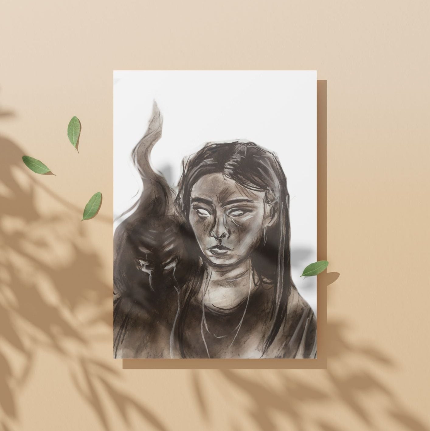 Art print of a woman with a ram's head on a beige background